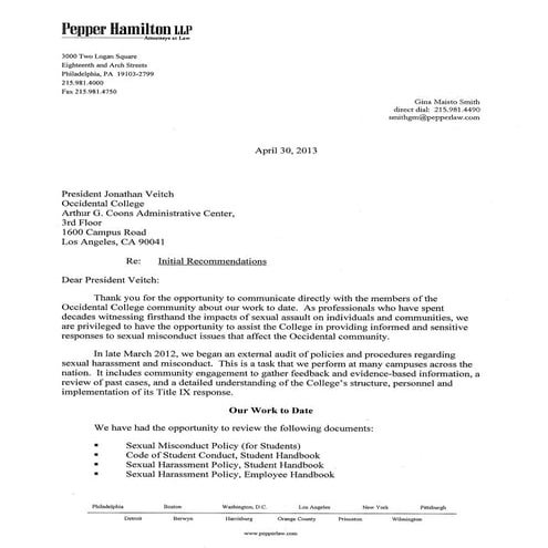 Occidental College Interim Recommendations Gina Smith & Leslie Gomez 5-1-2013