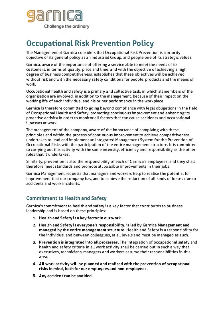 Occupational risk prevention policy