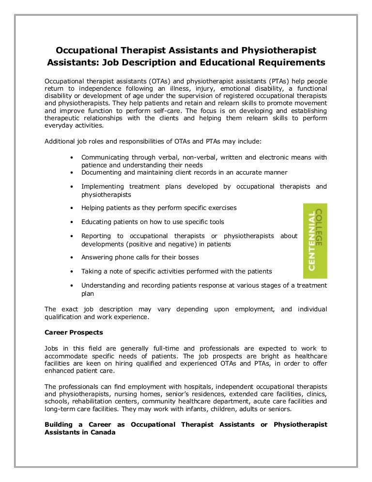Occupational therapist assistants and physiotherapist assistants job