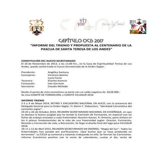 OOCDS INFORME TRIENIO Y PROPUESTAS CENTENARIO TERESA DE LOS ANDES