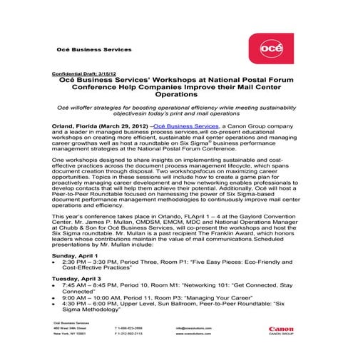 National Postal Forum 2012 - James P. Mullan - Oce Press Release