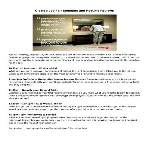 Oct. 27th Seminars and Resume Reviews at the Cleared Job Fair