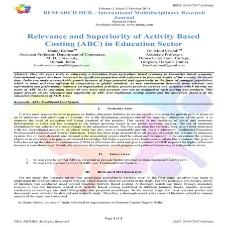 Relevance and Superiority of Activity Based Costing (ABC) in Education Sector