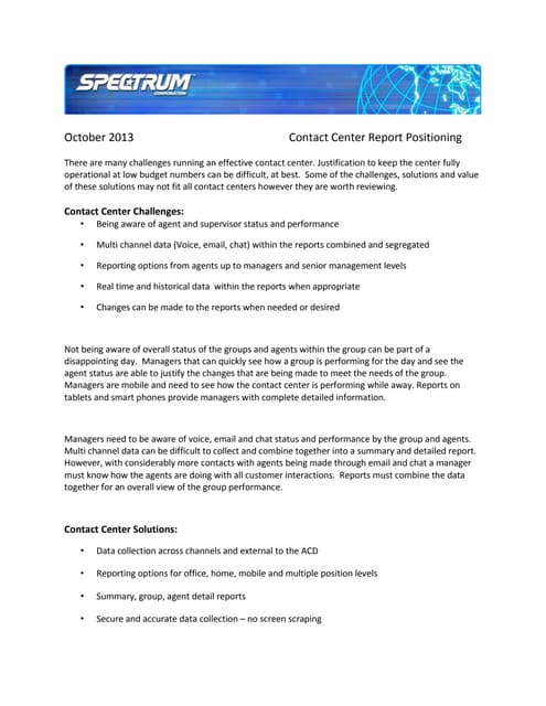 Contact Center Report Positioning