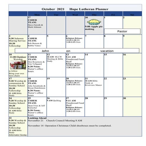 October 2025 Calendar of Events Hope Lutheran Floodwood | PDF