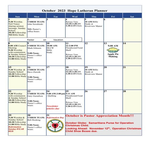 October 2025 Calendar of Events Hope Lutheran Floodwood | PDF