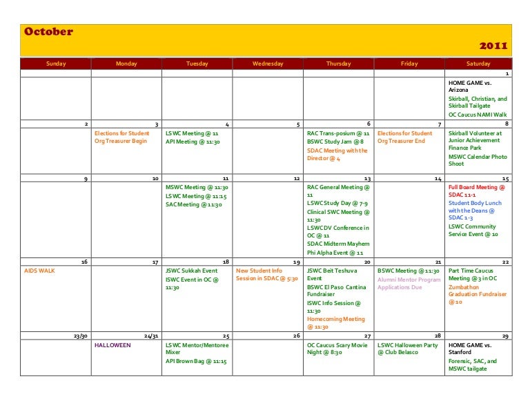 October USC School of Social Work Student Org Calendar