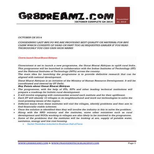 October gk 2014 ibps clerks gk material