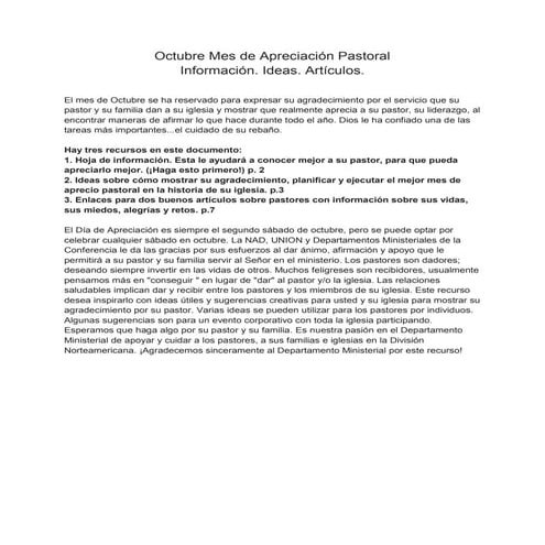 Octubre mes de apreciación pastoral
