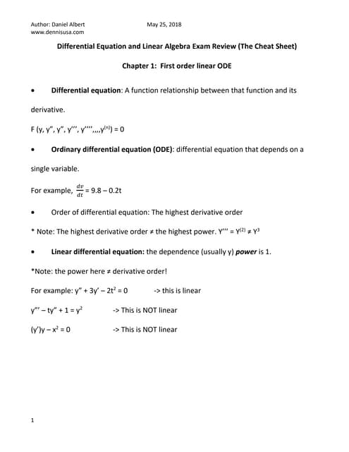 Differential equation study guide for exam (formula sheet)