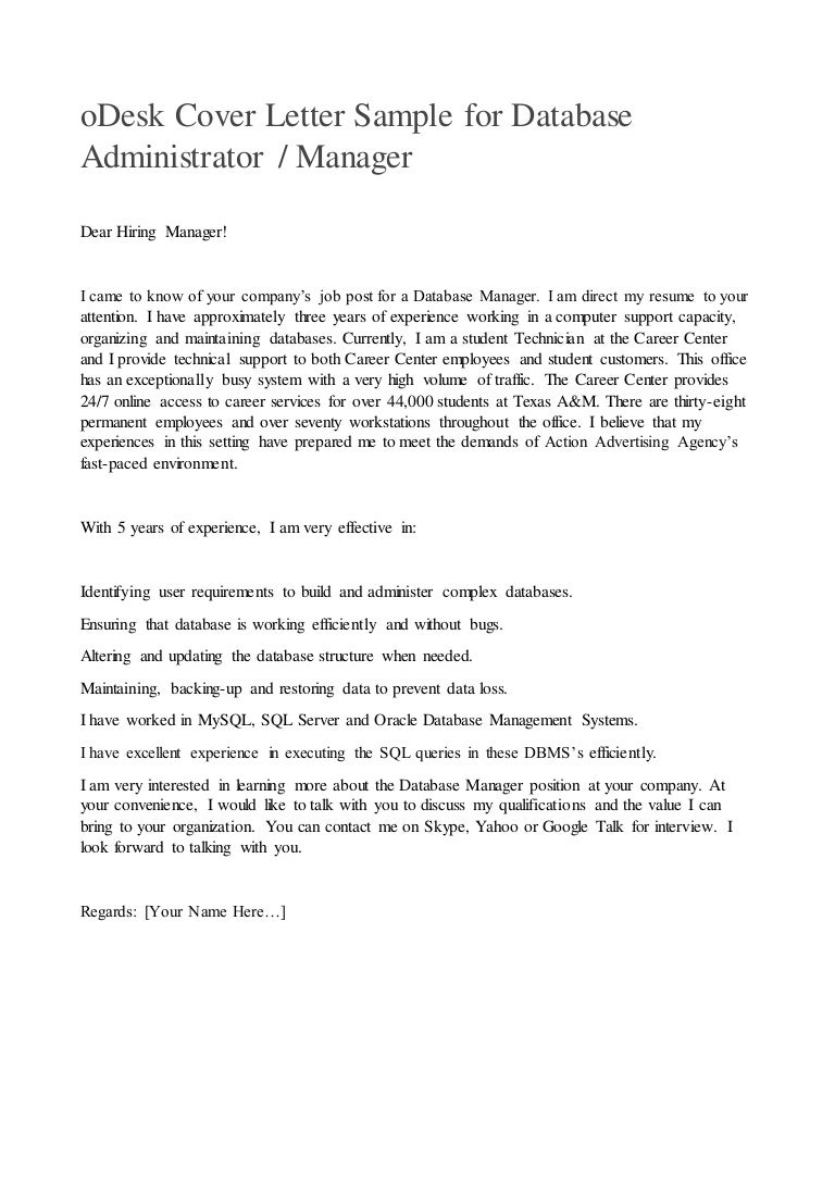 Odesk Cover Letter Sample For Database Administrator Or Manager also odesk cover letter sample for database administrator or manager also