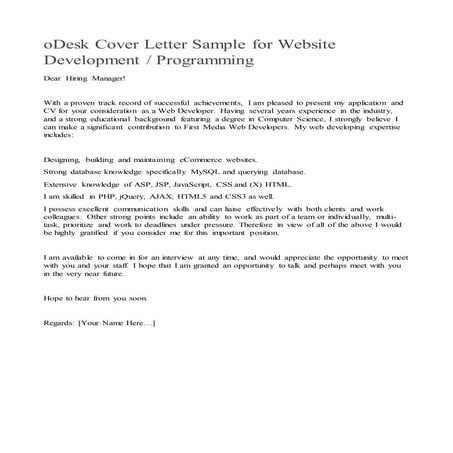 oDesk cover letter sample for website development or programming