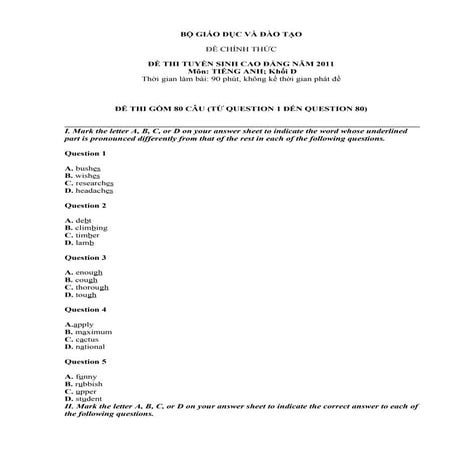 đề Thi số 1 (tiếng anh)