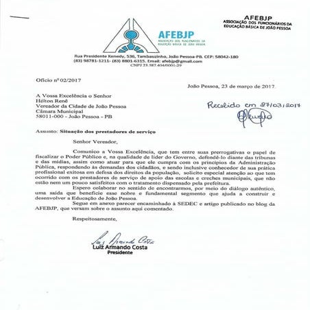 Ofício encaminhado ao Vereador Helton Renê