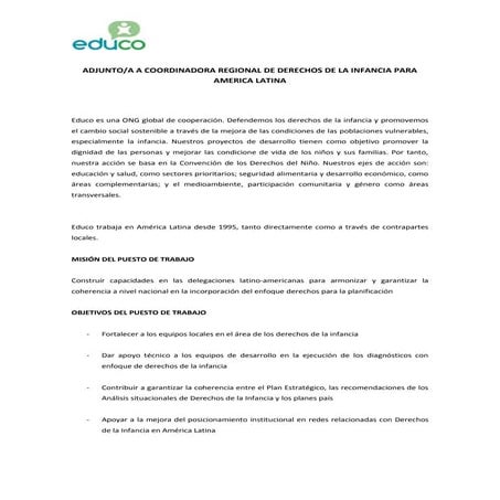 OFERTA LABORAL - ADJUNTO/A A COORDINADORA REGIONAL DE DERECHOS DE LA INFANCIA...