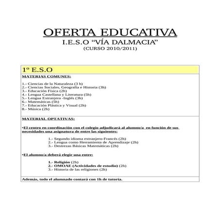 Oferta educativa para el curso 2010 2011
