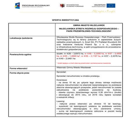 OFERTA INWESTYCYJNA - WŁOCŁAWSKA STREFA ROZWOJU GOSPODARCZEGO – PARK PRZEMYSŁ...