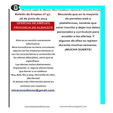 Ofertas trabajo Albacete boletín empleo Albacete 57 mica consultores