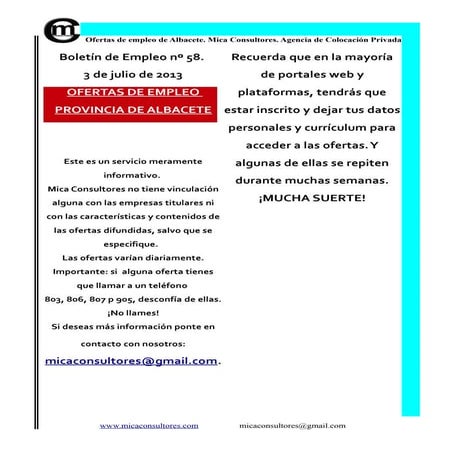 Ofertas trabajo Albacete boletín empleo Albacete 58 mica consultores