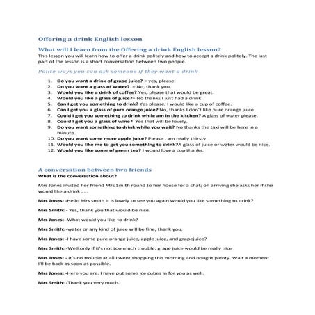 Offering a drink english lesson | DOCX