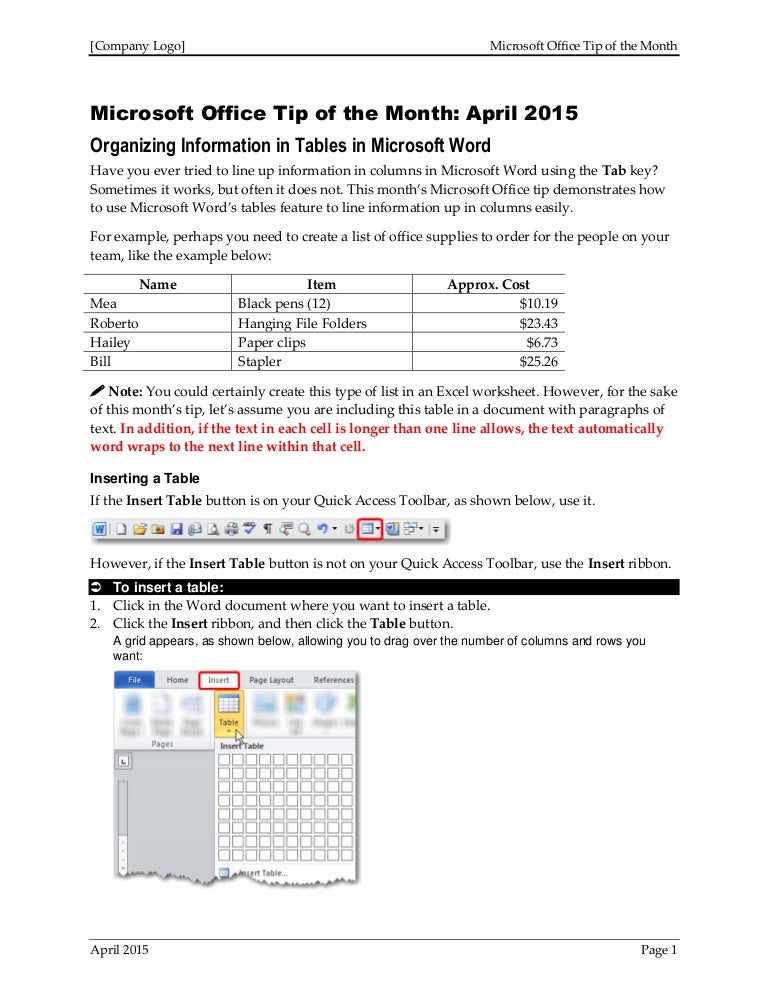 Organizing Information in Tables in Microsoft Word