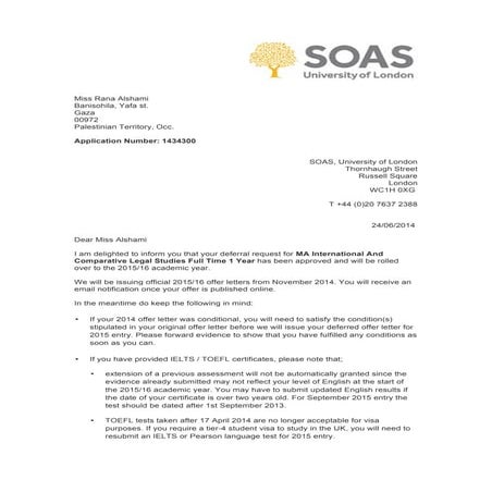 Official deferral letter