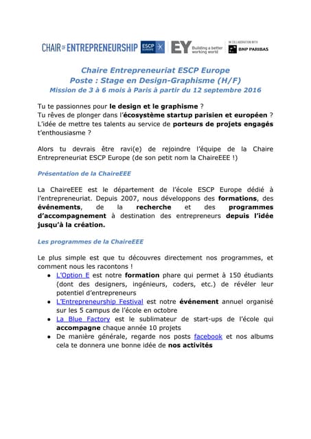Offre de stage designer graphiste début mi-septembre 2016