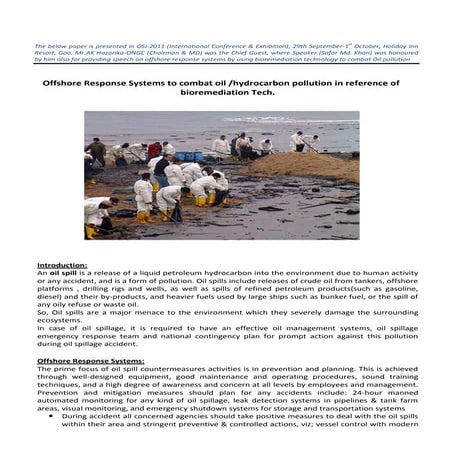 Offshore response systems to combat oil pollution