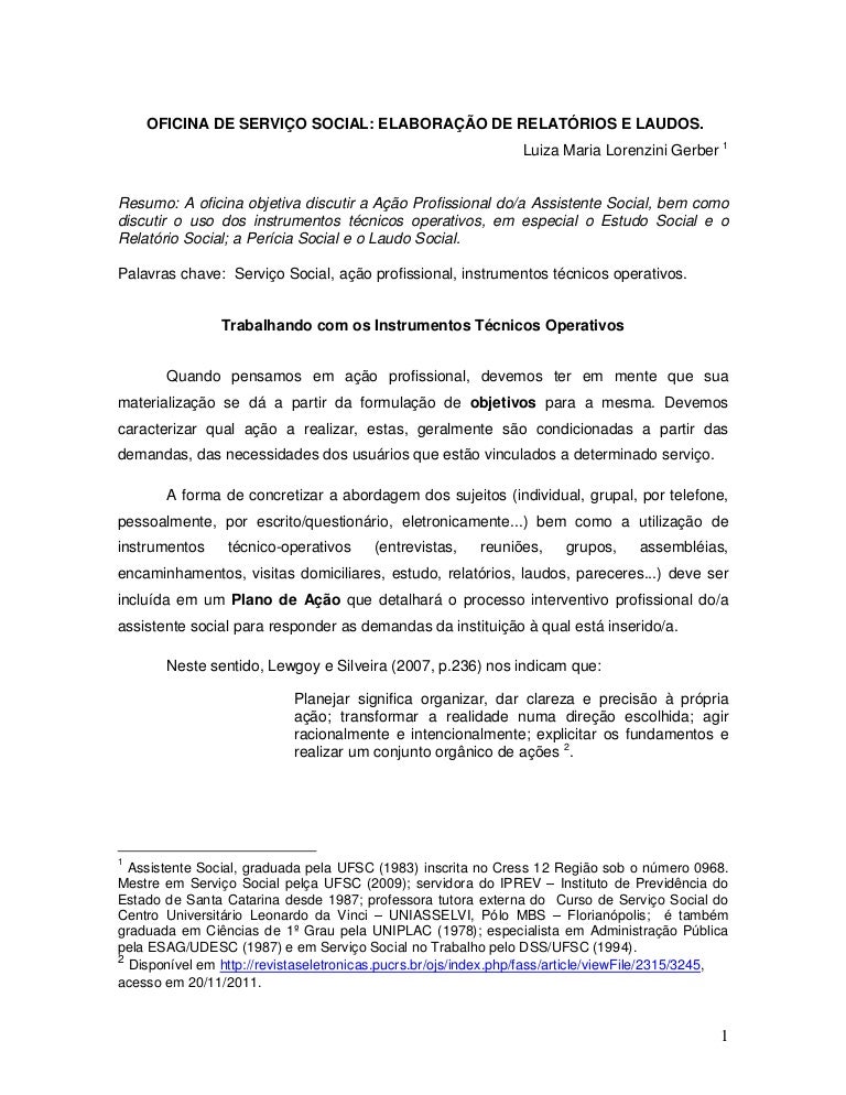 Oficina de serviço social elaboração de relatórios e laudos.