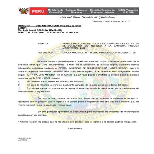 Oficio plazas sin adjudicar yarowilca