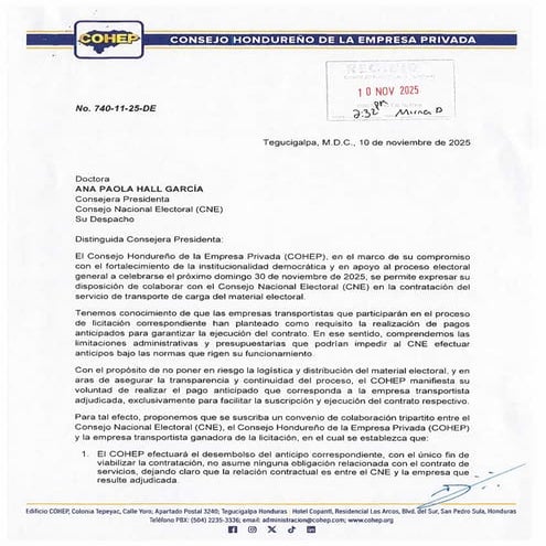 Propuesta Cohep material electoral CNE elecciones Honduras