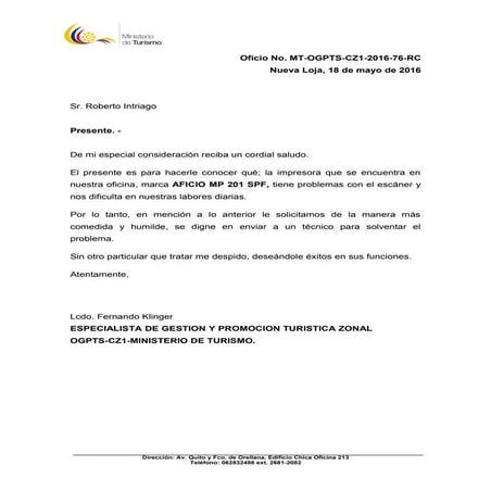 Oficio para pedir mantenimiento de  impresora 2016