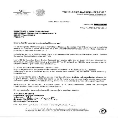 Oficio invitacion curso álgebra linea