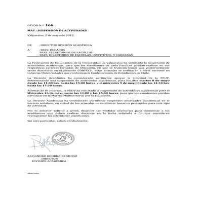 Oficio n º  166 suspensión de actividades