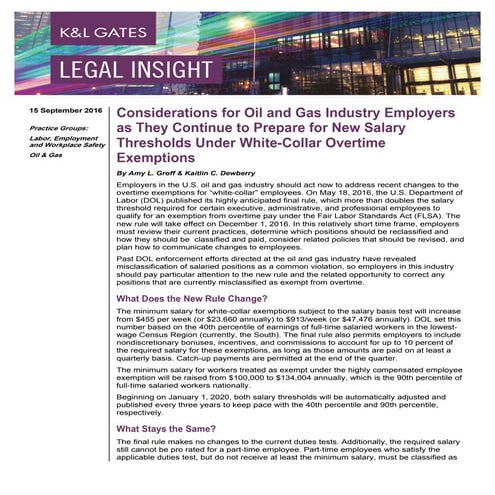 Compliance with New DOL Regulations re Oil & Gas White-Collar Overtime Exempt...