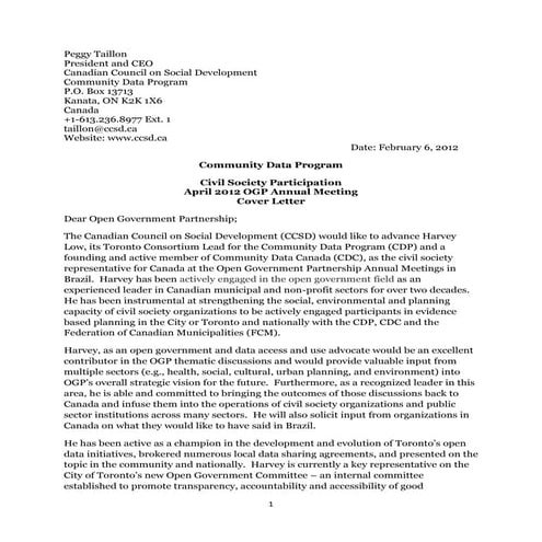 Community Data Program Submitted letter to Open Government Partneship