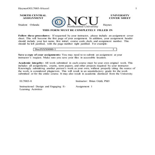 EL7003-8 Assignment 1: Instructional Design and Engaging E-Learning Activities