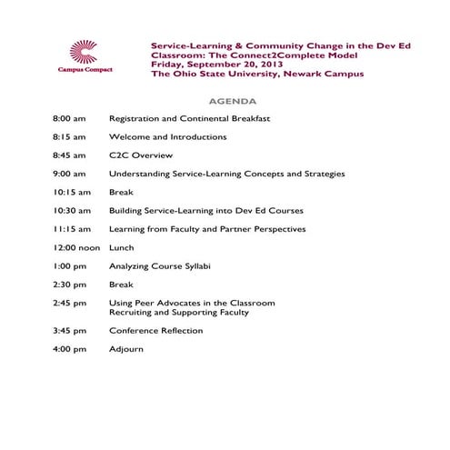 Ohio Campus Compact agenda for 9.20.13 S-L conference
