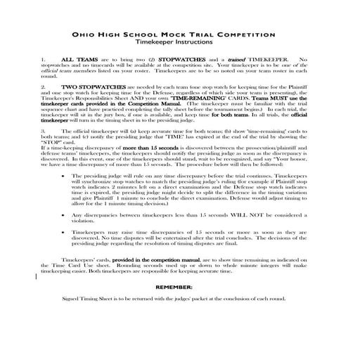 Ohio High School Mock Trial competition   Timekeeper Sheets - 2016 