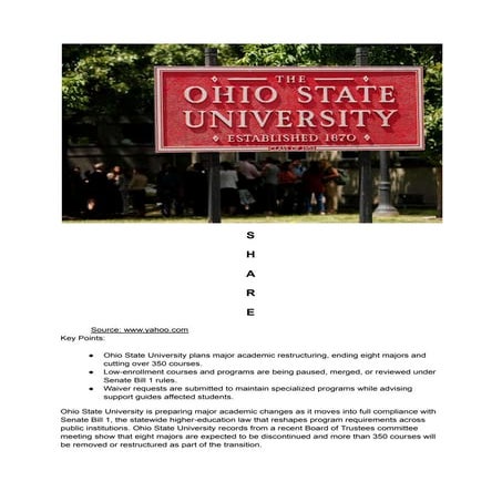 Ohio State Plans to End Eight Majors and Cut Hundreds of Courses Under S.B. 1...
