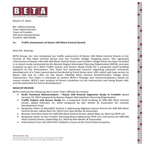 Franklin rRute 140 - Traffic Assessment