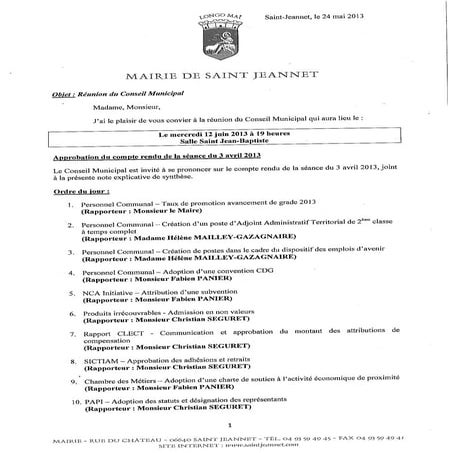 Ordre du jour du conseil municipal du 12 juin 2013