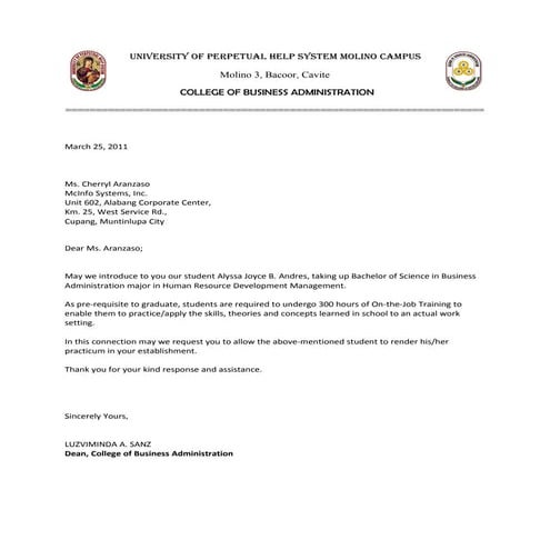 Ojt endorsement letter