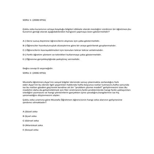 çOklu zeka kuramı soruları