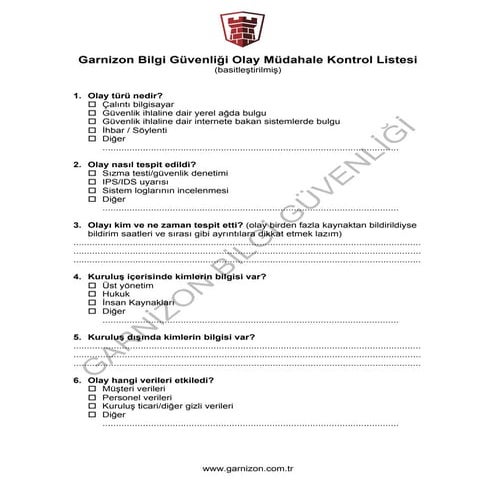 Siber Olay Müdahale Kontrol Listesi