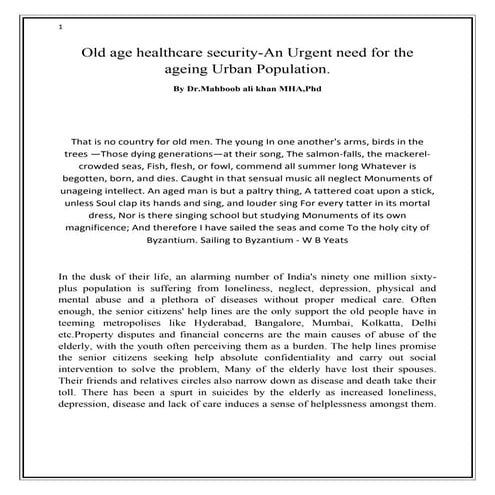Old age healthcare security an urgent need for the ageing urban population