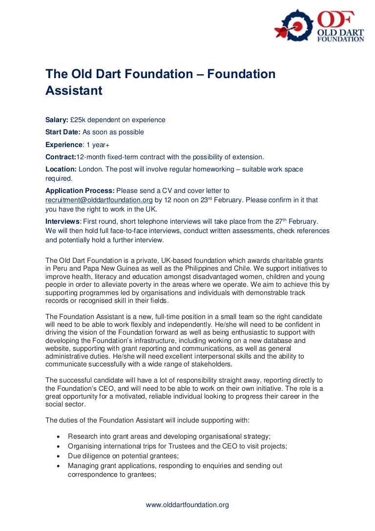 Old Dart Foundation Foundation Assistant 2018 job description