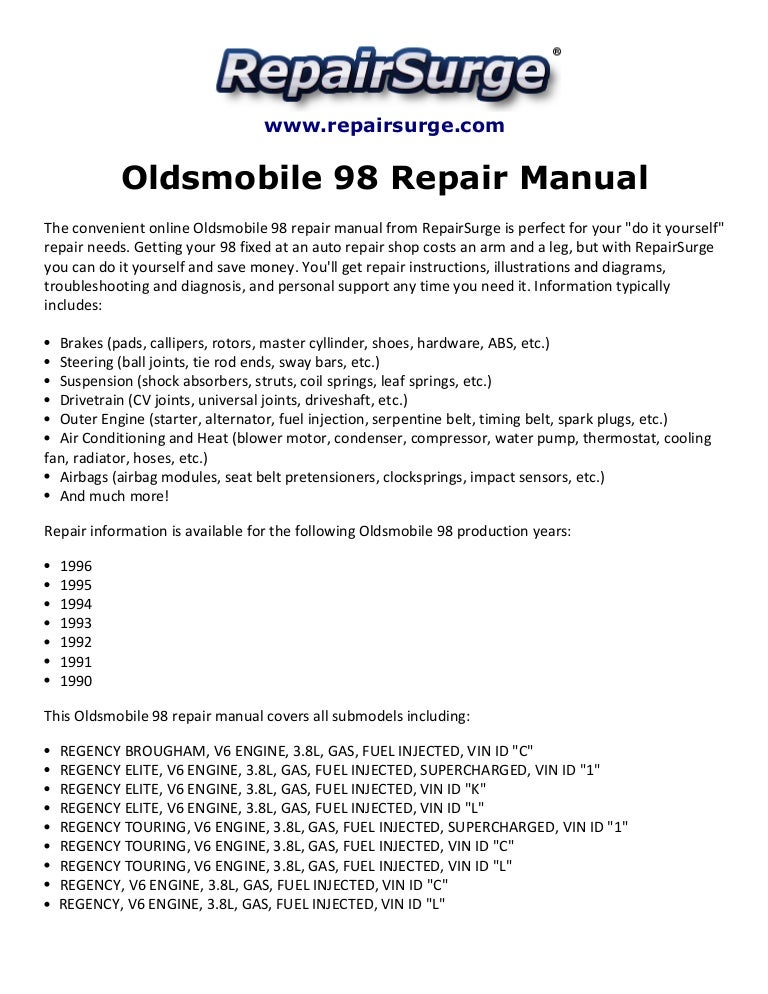 Oldsmobile 98 Repair Manual 1990 1996