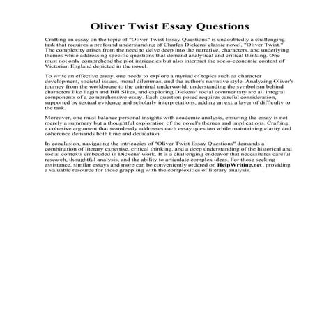 Oliver Twist Essay Questions. Oliver Twist Chapter 1 Comprehension - ESL work...
