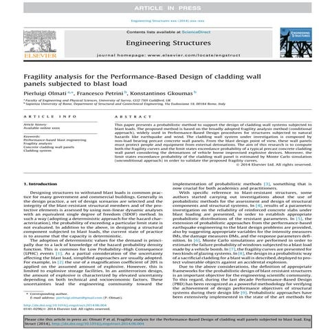 Fragility analysis for the Performance-Based Design of cladding wall panels subjected to blast load